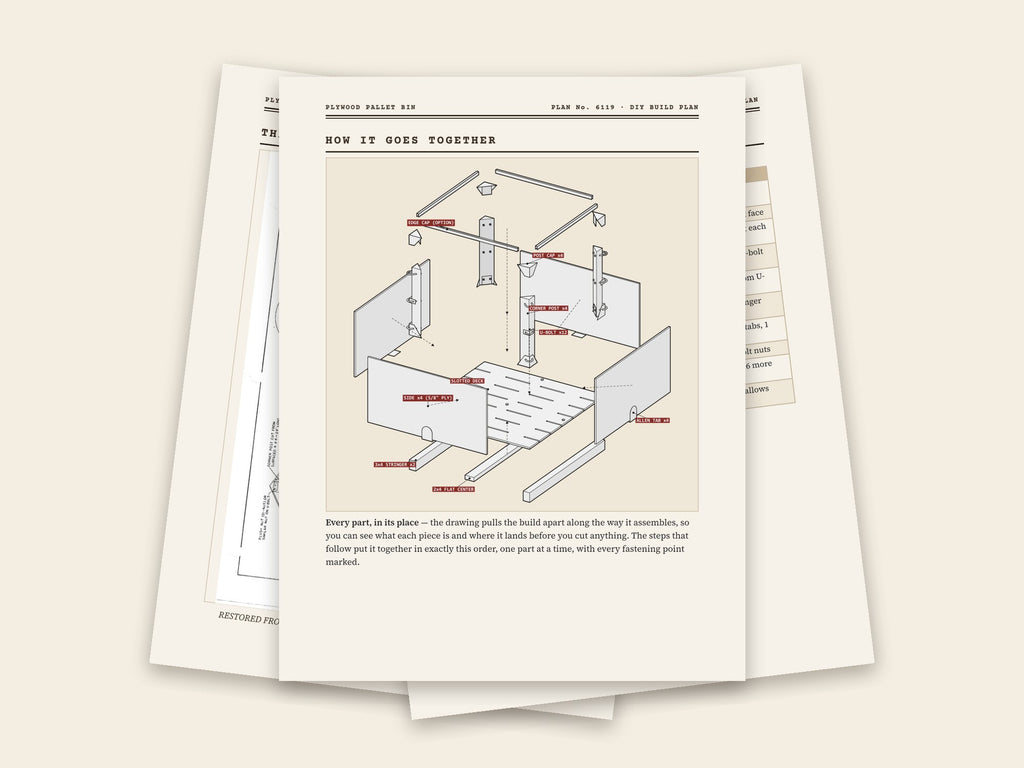 Inside the plywood pallet bin plan: original sheet, exploded drawing and assembly steps