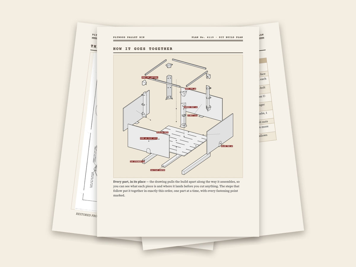 Inside the plywood pallet bin plan: original sheet, exploded drawing and assembly steps