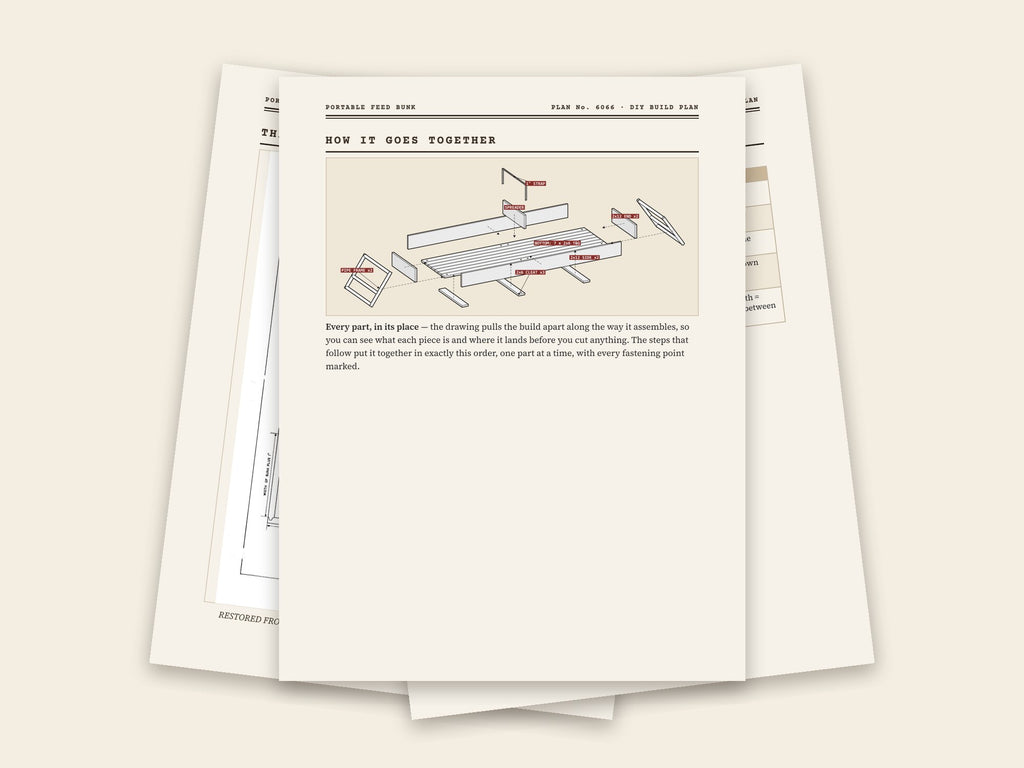 Inside the portable feed bunk plan: original sheet, exploded drawing and assembly steps