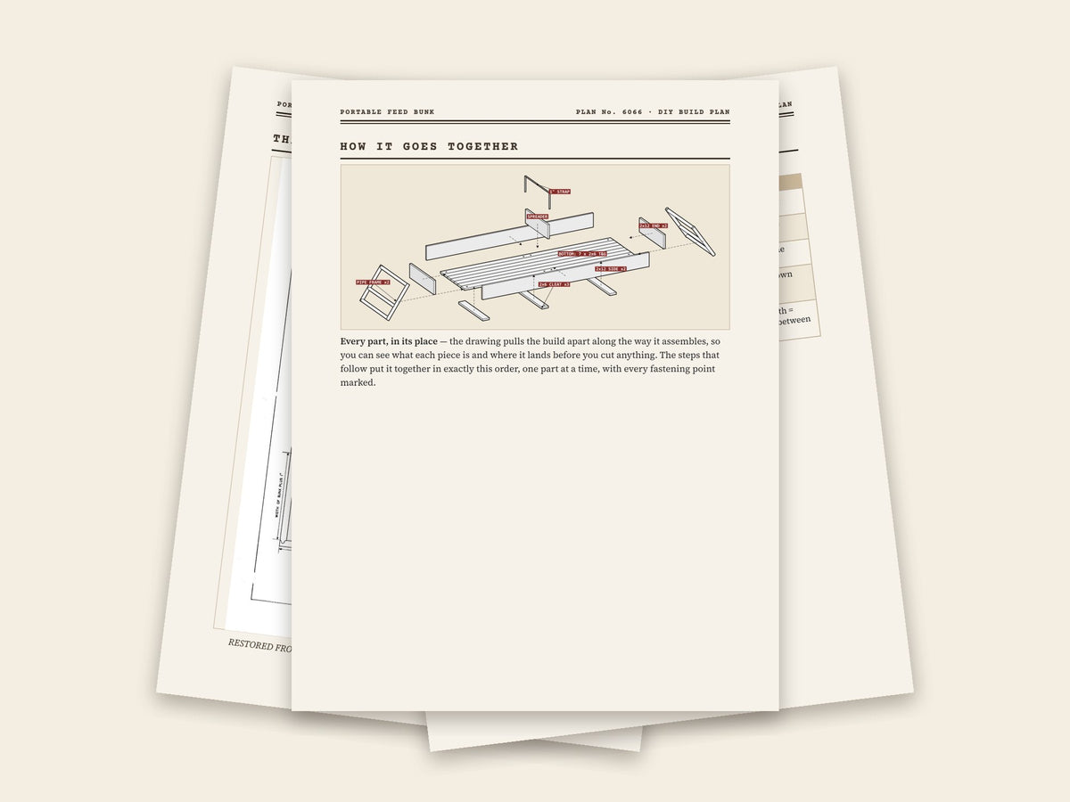 Inside the portable feed bunk plan: original sheet, exploded drawing and assembly steps