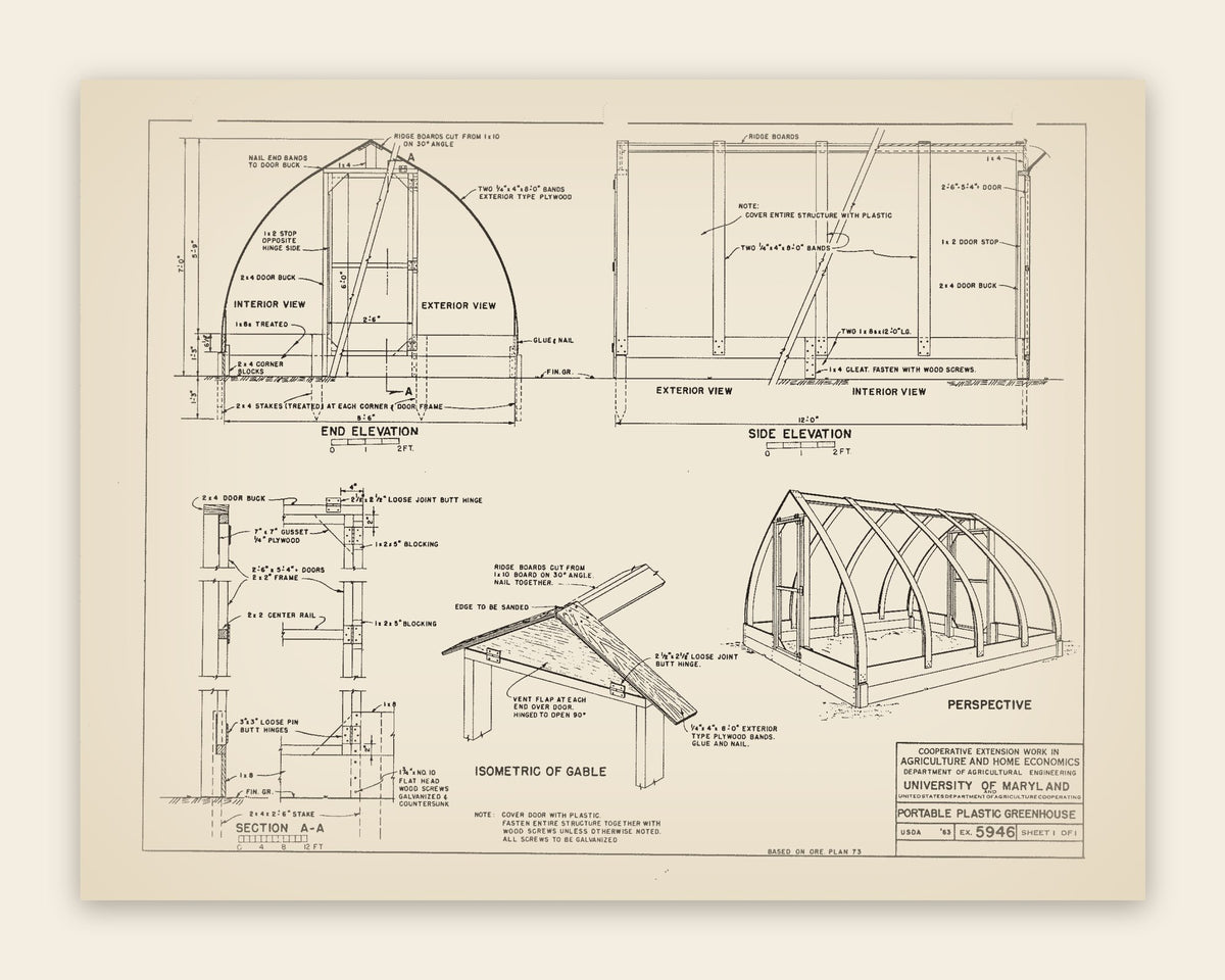 The original USDA plan 5946 sheet for the portable plastic greenhouse, public domain, restored