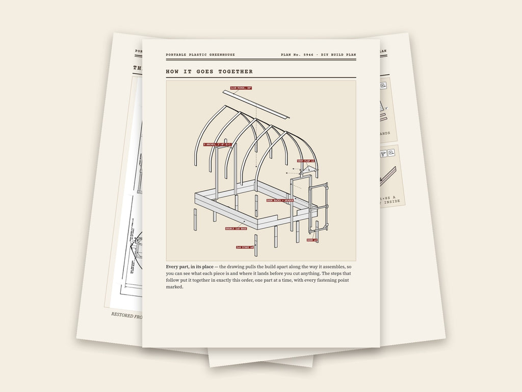 Inside the portable plastic greenhouse plan: original sheet, exploded drawing and assembly steps