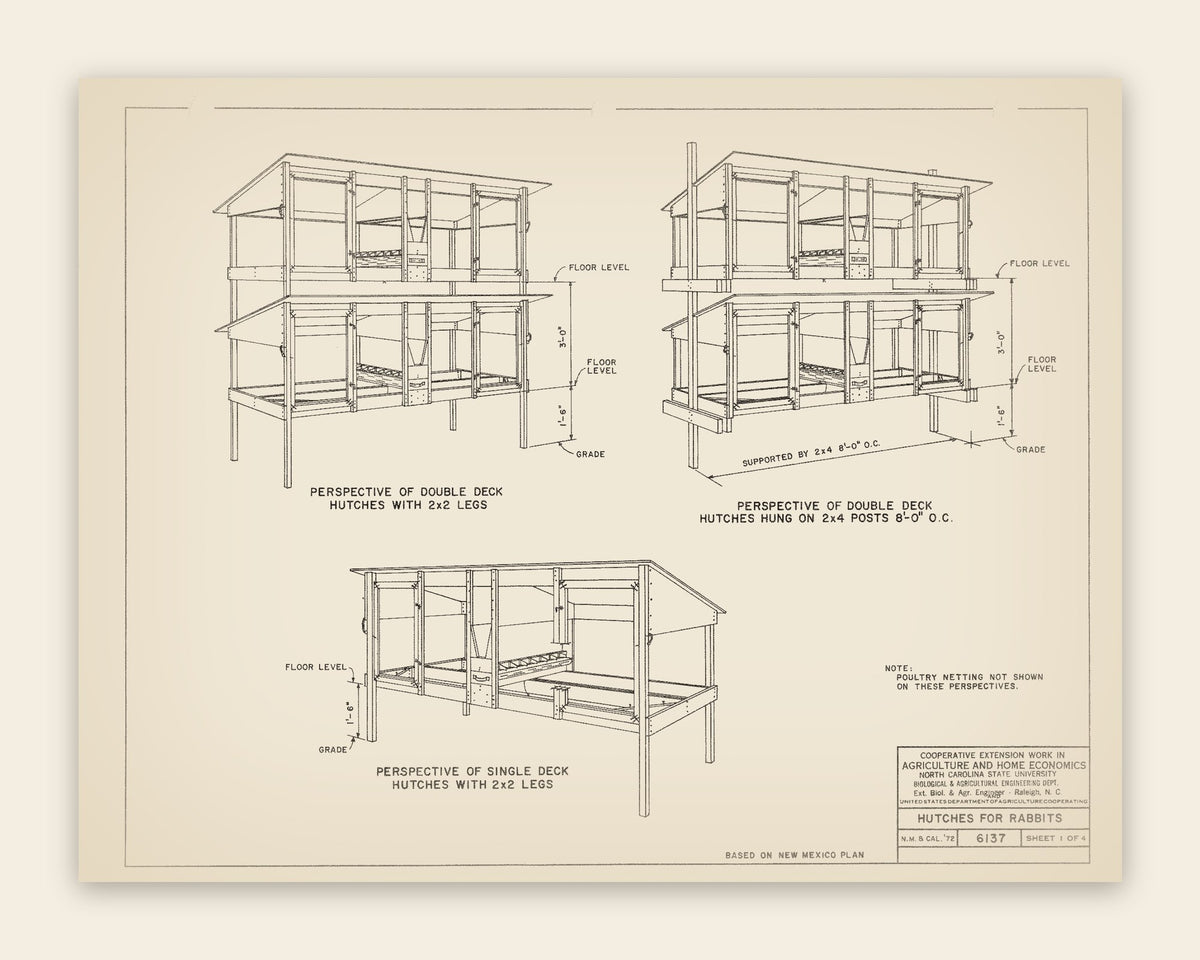 The original USDA plan 6137 sheet for the rabbit hutches, public domain, restored