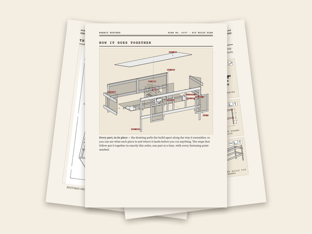 Inside the rabbit hutches plan: original sheet, exploded drawing and assembly steps