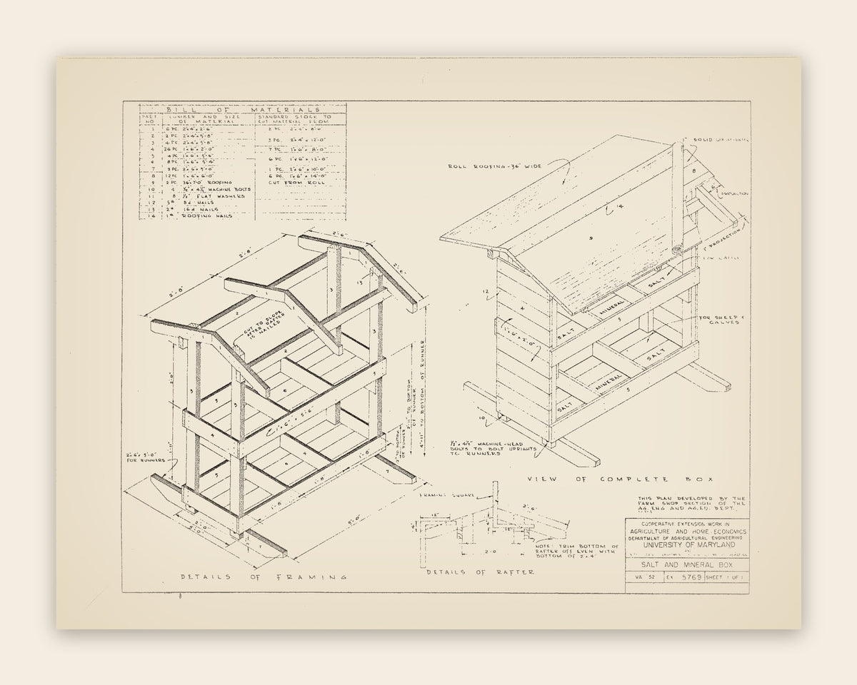 The original USDA plan 5769 sheet for the salt & mineral box, public domain, restored