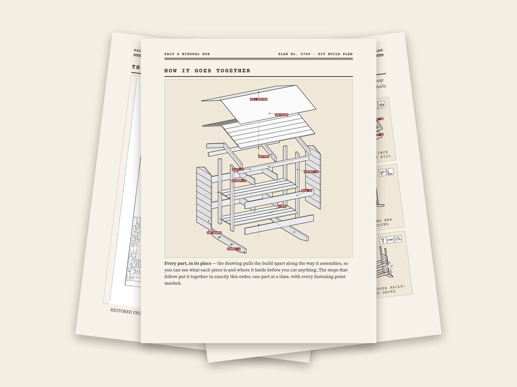 Inside the salt & mineral box plan: original sheet, exploded drawing and assembly steps