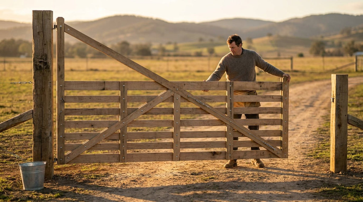 The finished Classic 16-ft Board Farm Gate in use