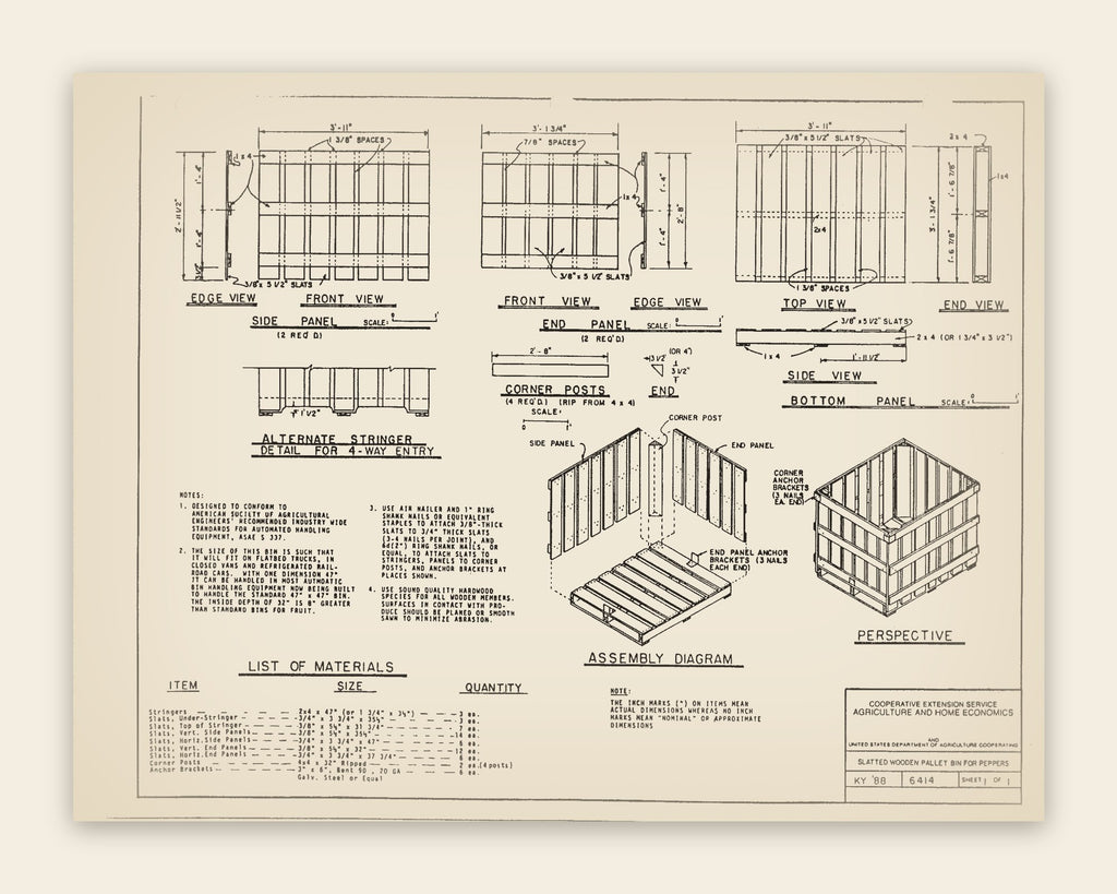 The original USDA plan 6414 sheet for the slatted wooden pallet bin, public domain, restored