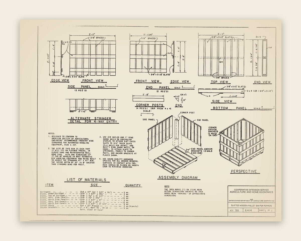 The original USDA plan 6414 sheet for the slatted wooden pallet bin, public domain, restored
