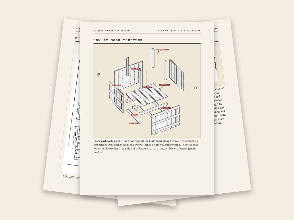 Inside the slatted wooden pallet bin plan: original sheet, exploded drawing and assembly steps
