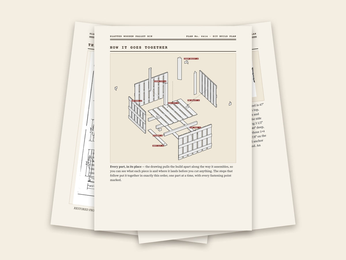 Inside the slatted wooden pallet bin plan: original sheet, exploded drawing and assembly steps