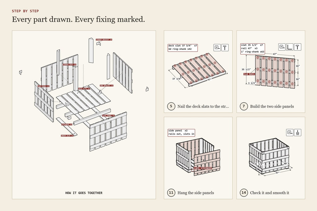 Step-by-step assembly drawings from the slatted wooden pallet bin plan