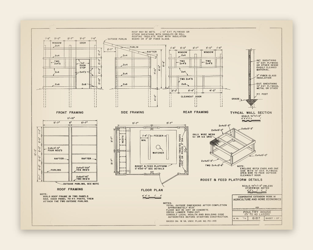 The original USDA plan 6187 sheet for the small poultry house · 25–40 layers, public domain, restored
