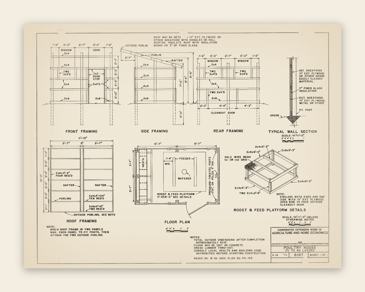 The original USDA plan 6187 sheet for the small poultry house · 25–40 layers, public domain, restored