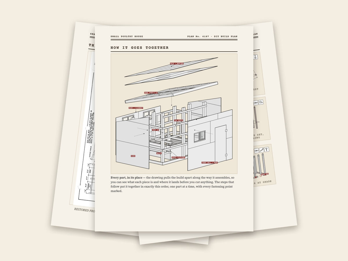 Inside the small poultry house · 25–40 layers plan: original sheet, exploded drawing and assembly steps