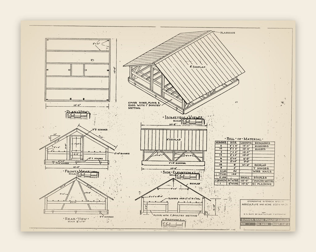 The original USDA plan 5400 sheet for the summer range poultry shelter, public domain, restored