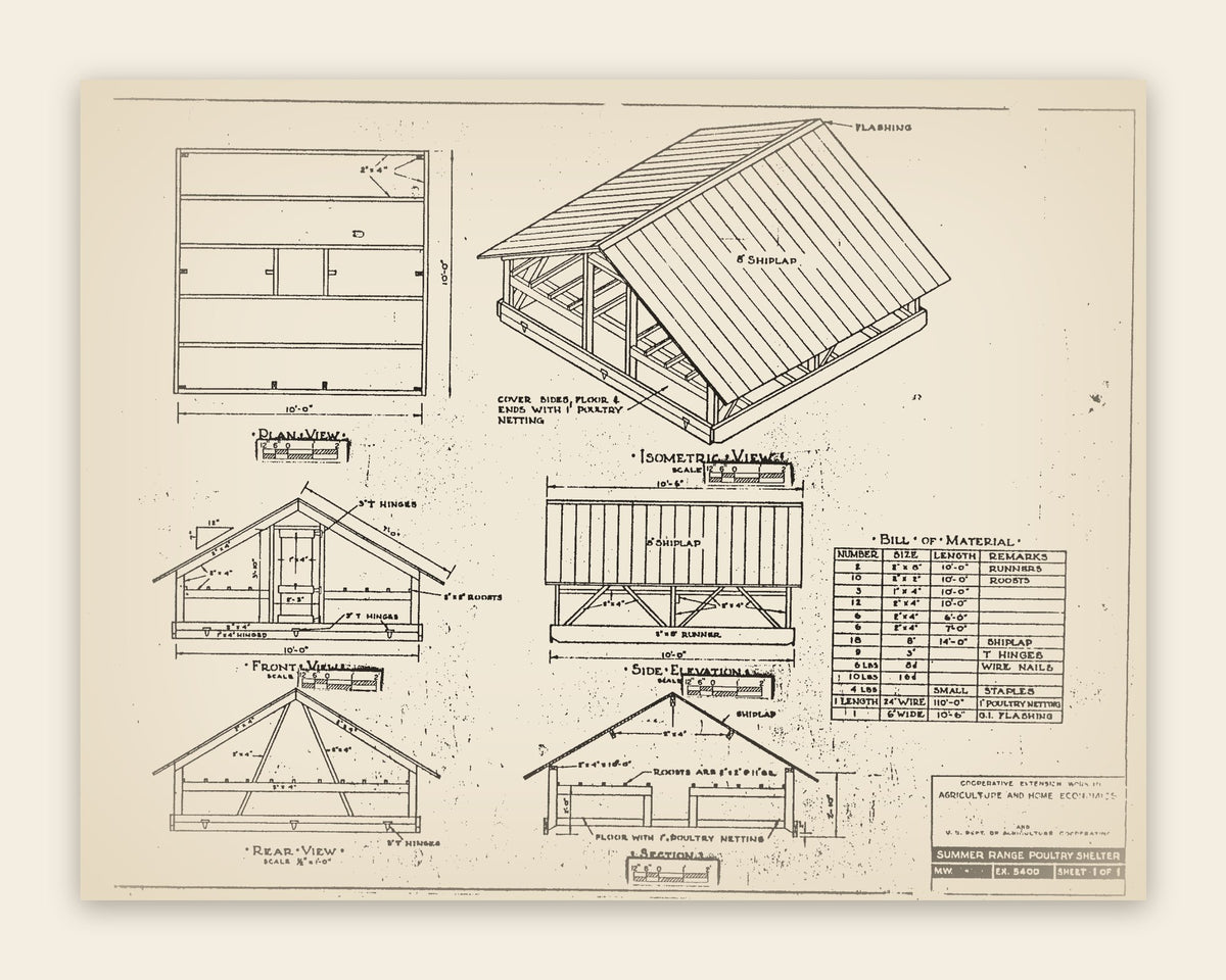 The original USDA plan 5400 sheet for the summer range poultry shelter, public domain, restored