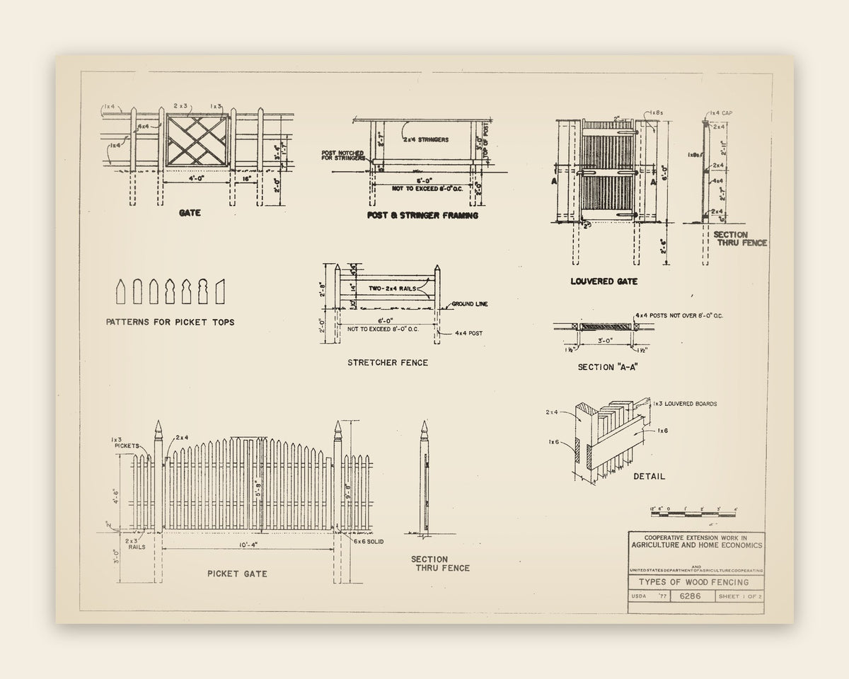 The original USDA plan 6286 sheet for the types of wood fencing, public domain, restored